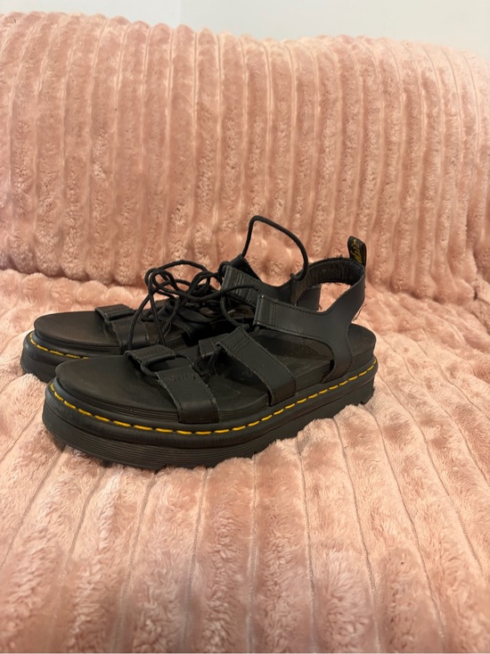 Dr. Martens Shoes - Dr. Martens Black Leather Platform Sport Sandals with Yellow Stitching